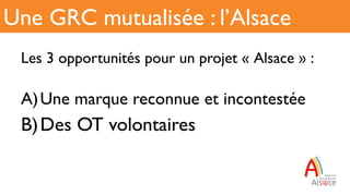 Les 3 opportunités pour un projet « Alsace » :
A) Une marque reconnue et incontestée
B) Des OT volontaires
Une GRC mutuali...