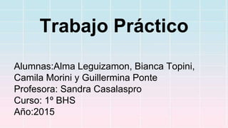 Trabajo Práctico
Alumnas:Alma Leguizamon, Bianca Topini,
Camila Morini y Guillermina Ponte
Profesora: Sandra Casalaspro
Curso: 1º BHS
Año:2015
 