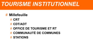 TOURISME INSTITUTIONNEL
# Millefeuille
# CRT
# CDT/ADT
# OFFICE DE TOURISME ET RT
# COMMUNAUTÉ DE COMMUNES
# STATIONS
 