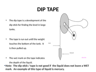 DIP TAPE
• The dip tape is a development of the
dip stick for finding the level in large
tanks.
• The tape is run out until the weight
touches the bottom of the tank. It
is then pulled up.
• The wet mark on the tape indicates
the depth of the liquid.
•Note: The dip stick / tape is not good if the liquid does not leave a WET
mark. An example of this type of liquid is mercury.
TAPE
WEIGHT
IN01-030
 