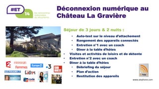 Déconnexion numérique au
Château La Gravière
Séjour de 3 jours & 2 nuits :
•  Auto-test sur le niveau d’attachement
•  Rangement des appareils connectés
•  Entretien n°1 avec un coach
•  Dîner à la table d’hôtes
•  Visites et activités de loisirs et de détente
•  Entretien n°2 avec un coach
•  Dîner à la table d’hôtes
•  Débriefing du séjour
•  Plan d’action
•  Restitution des appareils
www.aiephone.com	
 