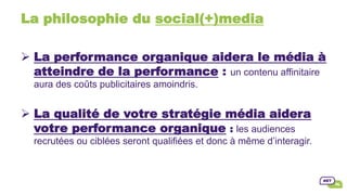 La philosophie du social(+)media
Ø La performance organique aidera le média à
atteindre de la performance : un contenu affinitaire
aura des coûts publicitaires amoindris.
Ø La qualité de votre stratégie média aidera
votre performance organique : les audiences
recrutées ou ciblées seront qualifiées et donc à même d’interagir.
 