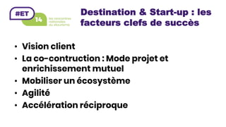 Destination & Start-up : les
facteurs clefs de succès
•  Vision client
•  La co-contruction : Mode projet et
enrichissement mutuel
•  Mobiliser un écosystème
•  Agilité
•  Accélération réciproque
 