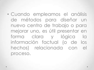 • Cuando empleamos el análisis
  de métodos para diseñar un
  nuevo centro de trabajo o para
  mejorar uno, es útil presentar en
  forma    clara   y    lógica    la
  información factual (o de los
  hechos) relacionada con el
  proceso.
 