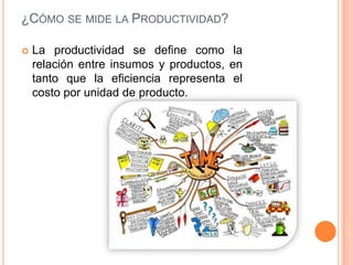¿CÓMO SE MIDE LA PRODUCTIVIDAD?

   La productividad se define como la
    relación entre insumos y productos, en
    tanto que la eficiencia representa el
    costo por unidad de producto.
 