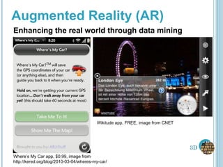 Augmented Reality (AR) Enhancing the real world through data mining Where’s My Car app, $0.99, image from http://kered.org/blog/2010-03-04/wheres-my-car/ Wikitude app, FREE, image from CNET 3D 
