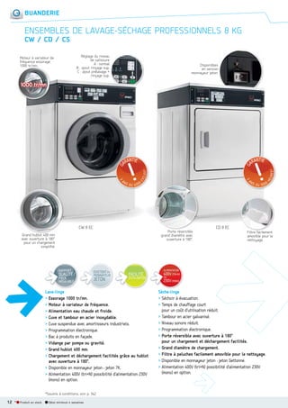 BUANDERIE

ENSEMBLES DE LAVAGESÉCHAGE PROFESSIONNELS 8 KG
CW / CD / CS
Réglage du niveau
de salissure
A : normal
B : ajout rinçage sup.
C : ajout prélavage +
ç g
p
rinçage sup.

Moteur à variateur de
fréquence essorage
1000 tr/mn.

Disponibles
en version
monnayeur jeton.

1000 tr/mn

CW 8 EC

Porte réversible
grand diamètre avec
ouverture à 180°.

Grand hublot 400 mm
avec ouverture à 180°
pour un chargement
simplifié.

RAPPORT

QUALITÉ /
PRIX
INÉGALABLE

EXISTENT EN
MONNAYEUR

JETON

FACILITÉ

D’UTILISATION

Lave-linge
> Essorage 1000 tr/mn.
> Moteur à variateur de fréquence.
> Alimentation eau chaude et froide.
> Cuve et tambour en acier inoxydable.
> Cuve suspendue avec amortisseurs industriels.
> Programmation électronique.
> Bac à produits en façade.
> Vidange par pompe ou gravité.
> Grand hublot 400 mm.
> Chargement et déchargement facilités grâce au hublot
avec ouverture à 180°.
> Disponible en monnayeur jeton : jeton 7K.
> Alimentation 400V (tri+N) possibilité d’alimentation 230V
(mono) en option.
*Soumis à conditions, voir p. 342.

12 *

Produit en stock

Délai minimum 4 semaines

CD 8 EC
Filtre facilement
amovible pour le
nettoyage.

ALIMENTATION
400V TRI+N
OU
230V MONO

Sèche-linge
> Séchoir à évacuation.
> Temps de chauffage court
pour un coût d’utilisation réduit.
> Tambour en acier galvanisé.
> Niveau sonore réduit.
> Programmation électronique.
> Porte réversible avec ouverture à 180°
pour un chargement et déchargement facilités.
> Grand diamètre de chargement.
> Filtre à peluches facilement amovible pour le nettoyage.
> Disponible en monnayeur jeton : jeton Gettonne.
> Alimentation 400V (tri+N) possibilité d’alimentation 230V
(mono) en option.

 