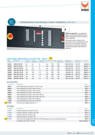 PROGRAM
MATEUR

PROGRAMMATEUR ÉLECTRONIQUE CYGNUS COMMERCIAL, ZOOM SUR...

COMMERCIAL

F
Départ programmé : La commande
Cygnus permet l’enregistrement d’un
départ programmé suivant la date et
l’heure désirées.
Vous pouvez ainsi charger votre
lave-linge en ﬁn de journée pour qu’il
démarre une heure avant l’arrivée
du personnel, un gain de production
important possible même durant le
week-end.

LAVELINGE INDUSTRIELS À CUVE FIXE  WD_F
CODE
ARTICLE

RÉFÉRENCE

CAPACITÉ
(kg) 1/10

VOLUME
TAMBOUR (l)

CHAUFFAGE
ÉLEC. (kW)

FACTEUR
G

ESSORAGE

DIAMÈTRE
HUBLOT (mm)

DIMENSIONS
LxPxH (mm)

POIDS BRUT/
NET (kg)

120321
120322
120323
120324
120325
120326
120327
120328

WD 65 F EC-CO
WD 75 F EC-CO
WD 100 F EC-CO
WD 135 F EC-CO
WD 165 F EC-CO
WD 185 F EC-CO
WD 235 F EC-CO
WD 305 F EC-CO

6,5
7,3
9,5
13,2
16,5
18,1
23,4
30,4

65
73
95
132
165
181
234
304

6
9
9
12
18
18
18
24

144
144
144
144
144
165
165
165

700
700
700
630
630
660
630
590

300
300
300
400
400
400
400
400

660x710x1030
660x710x1030
660x810x1030
780x790x1190
780x890x1190
780x900x1190
860x960x1360
990x1270x1390

185/165
192/172
195/179
272/252
290/253
302/281
395/362
525/492

PRIX H.T.*

4618 €
5046 €
6041 €
8102 €
8669 €
9522 €
10943 €
17764 €

ACCESSOIRES
CODE ARTICLE

DÉSIGNATION

109247
109246
109251
109245
109250
109244
110686
110687
121281

Socle métallique pour WD_F 65 - 75 (h. 227 mm)
Socle métallique pour WD_F 100 (h. 227 mm)
Socle métallique pour WD_F 135 (h. 60 mm)
Socle métallique pour WD_F 135 (h. 227 mm)
Socle métallique pour WD_F 165 et 185 (h. 60 mm)
Socle métallique pour WD_F 165 et 185 (h. 227 mm)
Socle métallique pour WD_F 235 (h. 200 mm)
Socle métallique pour WD_F 305 (h. 200 mm)
Kit relais pour pompes doseuses 5 + 1

PRIX H.T.*

303 €
332 €
193 €
366 €
212 €
399 €
438 €
351 €
286 €

OPTIONS
DÉSIGNATION

IP 0057
IP 0058
IP 0059
IP 0060
IP 0056
-

Panneaux latéraux inox WD_F 65 à 100
Panneaux latéraux inox WD_F 135 à 185
Panneaux latéraux inox WD_F 235
Panneaux latéraux inox WD_F 305
Vanne d’arrivée supplémentaire WD_F 65 à 305 (nécessaire pour une arrivée d’eau adoucie)
Chauffage vapeur WD_F 65 à 305

PRIX H.T.*

227 €
291 €
517 €
614 €
186 €
Nous consulter

* Produit en stock

Délai minimum 4 semaines

BUANDERIE
CHARIOTS

RÉFÉRENCE

21

 