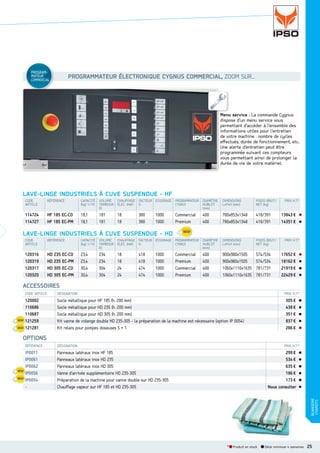 PROGRAM
MATEUR

PROGRAMMATEUR ÉLECTRONIQUE CYGNUS COMMERCIAL, ZOOM SUR...

COMMERCIAL

Menu service : La commande Cygnus
dispose d’un menu service vous
permettant d’accéder à l’ensemble des
informations utiles pour l’entretien
de votre machine : nombre de cycles
eﬀectués, durée de fonctionnement, etc..
Une alerte d’entretien peut être
programmée suivant ces compteurs
vous permettant ainsi de prolonger la
durée de vie de votre matériel.

LAVELINGE INDUSTRIELS À CUVE SUSPENDUE  HF
CODE
ARTICLE

RÉFÉRENCE

CAPACITÉ
(kg) 1/10

VOLUME
CHAUFFAGE FACTEUR ESSORAGE
TAMBOUR ÉLEC. (kW) G
(l)

PROGRAMMATEUR
CYGNUS

DIAMÈTRE
HUBLOT
(mm)

DIMENSIONS
LxPxH (mm)

POIDS BRUT/
NET (kg)

114724
114727

HF 185 EC-CO
HF 185 EC-PM

18,1
18,1

181
181

Commercial
Premium

400
400

780x853x1348
780x853x1348

418/391
418/391

18
18

380
380

1000
1000

PRIX H.T.*

13843 €
14351 €

LAVELINGE INDUSTRIELS À CUVE SUSPENDUE  HD
CODE
ARTICLE

RÉFÉRENCE

CAPACITÉ
(kg) 1/10

VOLUME
CHAUFFAGE FACTEUR ESSORAGE
TAMBOUR ÉLEC. (kW) G
(l)

PROGRAMMATEUR
CYGNUS

DIAMÈTRE
HUBLOT
(mm)

DIMENSIONS
LxPxH (mm)

POIDS BRUT/
NET (kg)

120316
120319
120317
120320

HD 235 EC-CO
HD 235 EC-PM
HD 305 EC-CO
HD 305 EC-PM

23,4
23,4
30,4
30,4

234
234
304
304

Commercial
Premium
Commercial
Premium

400
400
400
400

900x980x1505
900x980x1505
1060x1110x1635
1060x1110x1635

574/534
574/534
781/731
781/731

18
18
24
24

418
418
474
474

1000
1000
1000
1000

PRIX H.T.*

17652 €
18162 €
21919 €
22429 €

ACCESSOIRES
CODE ARTICLE

DÉSIGNATION

120002
110686
110687
121259
121281

Socle métallique pour HF 185 (h. 200 mm)
Socle métallique pour HD 235 (h. 200 mm)
Socle métallique pour HD 305 (h. 200 mm)
Kit vanne de vidange double HD 235-305 - la préparation de la machine est nécessaire (option IP 0054)
Kit relais pour pompes doseuses 5 + 1

PRIX H.T.*

305 €
438 €
351 €
837 €
286 €

OPTIONS
DÉSIGNATION

IP0011
IP0061
IP0062
IP0056
IP0054
-

Panneaux latéraux inox HF 185
Panneaux latéraux inox HD 235
Panneaux latéraux inox HD 305
Vanne d’arrivée supplémentaire HD 235-305
Préparation de la machine pour vanne double sur HD 235-305
Chauffage vapeur sur HF 185 et HD 235-305

PRIX H.T.*

299 €
534 €
635 €
186 €
173 €
Nous consulter
BUANDERIE
CHARIOTS

RÉFÉRENCE

* Produit en stock

Délai minimum 4 semaines

25

 