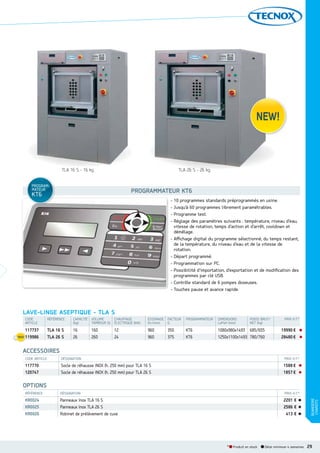 TLA 16 S - 16 kg

TLA 26 S - 26 kg

PROGRAM
MATEUR

PROGRAMMATEUR KT6

KT6

- 10 programmes standards préprogrammés en usine.
- Jusqu’à 60 programmes librement paramétrables.
- Programme test.
- Réglage des paramètres suivants : température, niveau d’eau,
vitesse de rotation, temps d’action et d’arrêt, cooldown et
démêlage.
- Aﬃchage digital du programme sélectionné, du temps restant,
de la température, du niveau d’eau et de la vitesse de
rotation.
- Départ programmé.
- Programmation sur PC.
- Possibilité d’importation, d’exportation et de modiﬁcation des
programmes par clé USB.
- Contrôle standard de 6 pompes doseuses.
- Touches pause et avance rapide.

LAVELINGE ASEPTIQUE  TLA S
CODE
ARTICLE

RÉFÉRENCE

CAPACITÉ
(kg)

VOLUME
TAMBOUR (l)

CHAUFFAGE
ÉLECTRIQUE (kW)

ESSORAGE
(tr/min)

FACTEUR
G

PROGRAMMATEUR

DIMENSIONS
LxPxH (mm)

POIDS BRUT/
NET (kg)

117737
1
119986

TLA 16 S
TLA 26 S

16
26

160
260

12
24

960
960

350
375

KT6
KT6

1080x980x1493 685/655
1250x1100x1493 780/760

PRIX H.T.*

19990 €
28480 €

ACCESSOIRES
CODE ARTICLE

DÉSIGNATION

PRIX H.T.*

117770
120747

Socle de réhausse INOX (h. 250 mm) pour TLA 16 S
Socle de réhausse INOX (h. 250 mm) pour TLA 26 S

1588 €
1857 €

OPTIONS
DÉSIGNATION

PRIX H.T.*

KR0024
KR0025
KR0026

Panneaux Inox TLA 16 S
Panneaux Inox TLA 26 S
Robinet de prélèvement de cuve

2201 €
2586 €
413 €

* Produit en stock

Délai minimum 4 semaines

BUANDERIE
CHARIOTS

RÉFÉRENCE

29

 