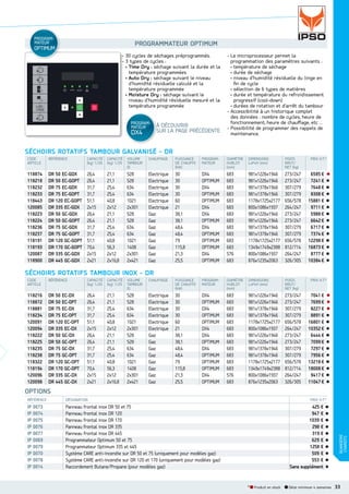 PROGRAM
MATEUR

PROGRAMMATEUR OPTIMUM

OPTIMUM

- 30 cycles de séchages préprogrammés.
- 3 types de cycles :
• Time Dry : séchage suivant la durée et la
température programmées
• Auto Dry : séchage suivant le niveau
d’humidité résiduelle calculé et la
température programmée
• Moisture Dry : séchage suivant le
niveau d’humidité résiduelle mesuré et la
température programmée
PROGRAM
MATEUR

DX4

À DÉCOUVRIR
S
SUR LA PAGE PRÉCÉDENTE

- Le microprocesseur permet la
programmation des paramètres suivants :
• température de séchage
• durée de séchage
• niveau d’humidité résiduelle du linge en
ﬁn de cycle
• sélection de 6 types de matières
• durée et température du refroidissement
progressif (cool-down)
• durées de rotation et d’arrêt du tambour
- Accessibilité à un historique complet
des données : nombre de cycles, heure de
fonctionnement, heure de chauﬀage, etc …
- Possibilité de programmer des rappels de
maintenance.

SÉCHOIRS ROTATIFS TAMBOUR GALVANISÉ  DR
CODE
ARTICLE

RÉFÉRENCE

CAPACITÉ
(kg) 1/20

CAPACITÉ
(kg) 1/25

VOLUME
TAMBOUR
(l)

CHAUFFAGE

PUISSANCE
DE CHAUFFE
(kW)

PROGRAMMATEUR

DIAMÈTRE
HUBLOT
(mm)

DIMENSIONS
LxPxH (mm)

POIDS
BRUT/
NET (kg)

118874
118218
118232
118233
118443
120085
118223
118224
118236
118237
118191
118193
120087
118900

DR 50 EC-GDX
DR 50 EC-GOPT
DR 75 EC-GDX
DR 75 EC-GOPT
DR 120 EC-GOPT
DR 335 EC-GDX
DR 50 GC-GDX
DR 50 GC-GOPT
DR 75 GC-GDX
DR 75 GC-GOPT
DR 120 GC-GOPT
DR 170 GC-GOPT
DR 335 GC-GDX
DR 445 GC-GDX

26,4
26,4
31,7
31,7
51,1
2x15
26,4
26,4
31,7
31,7
51,1
70,4
2x15
2x21

21,1
21,1
25,4
25,4
40,8
2x12
21,1
21,1
25,4
25,4
40,8
56,3
2x12
2x16,8

528
528
634
634
1021
2x301
528
528
634
634
1021
1408
2x301
2x421

Electrique
Electrique
Electrique
Electrique
Electrique
Electrique
Gaz
Gaz
Gaz
Gaz
Gaz
Gaz
Gaz
Gaz

30
30
30
30
60
21
38,1
38,1
48,4
48,4
79
115,8
21,3
25,5

DX4
OPTIMUM
DX4
OPTIMUM
OPTIMUM
DX4
DX4
OPTIMUM
DX4
OPTIMUM
OPTIMUM
OPTIMUM
DX4
OPTIMUM

683
683
683
683
683
683
683
683
683
683
683
683
576
683

981x1226x1946
981x1226x1946
981x1378x1946
981x1378x1946
1178x1725x2177
800x1086x1937
981x1226x1946
981x1226x1946
981x1378x1946
981x1378x1946
1178x1725x2177
1349x1749x2388
800x1086x1937
876x1235x2063

273/247
273/247
307/279
307/279
656/578
264/247
273/247
273/247
307/279
307/279
656/578
812/714
264/247
326/305

PRIX H.T.*

6585 €
7241 €
7648 €
8308 €
15881 €
9711 €
5988 €
6642 €
6717 €
7374 €
12298 €
16873 €
8777 €
10384 €

SÉCHOIRS ROTATIFS TAMBOUR INOX  DR
CODE
ARTICLE

RÉFÉRENCE

CAPACITÉ
(kg) 1/20

CAPACITÉ
(kg) 1/25

VOLUME
TAMBOUR
(l)

CHAUFFAGE

PUISSANCE
DE CHAUFFE
(kW)

PROGRAMMATEUR

DIAMÈTRE
HUBLOT
(mm)

DIMENSIONS
LxPxH (mm)

POIDS
BRUT/
NET (kg)

118216
118872
118881
118234
120091
120094
118222
118225
118235
118238
118322
118194
120096
120098

DR 50 EC-DX
DR 50 EC-OPT
DR 75 EC-DX
DR 75 EC-OPT
DR 120 EC-OPT
DR 335 EC-DX
DR 50 GC-DX
DR 50 GC-OPT
DR 75 GC-DX
DR 75 GC-OPT
DR 120 GC-OPT
DR 170 GC-OPT
DR 335 GC-DX
DR 445 GC-DX

26,4
26,4
31,7
31,7
51,1
2x15
26,4
26,4
31,7
31,7
51,1
70,4
2x15
2x21

21,1
21,1
25,4
25,4
40,8
2x12
21,1
21,1
25,4
25,4
40,8
56,3
2x12
2x16,8

528
528
634
634
1021
2x301
528
528
634
634
1021
1408
2x301
2x421

Electrique
Electrique
Electrique
Electrique
Electrique
Electrique
Gaz
Gaz
Gaz
Gaz
Gaz
Gaz
Gaz
Gaz

30
30
30
30
60
21
38,1
38,1
48,4
48,4
79
115,8
21,3
25,5

DX4
OPTIMUM
DX4
OPTIMUM
OPTIMUM
DX4
DX4
OPTIMUM
DX4
OPTIMUM
OPTIMUM
OPTIMUM
DX4
OPTIMUM

683
683
683
683
683
683
683
683
683
683
683
683
576
683

981x1226x1946
981x1226x1946
981x1378x1946
981x1378x1946
1178x1725x2177
800x1086x1937
981x1226x1946
981x1226x1946
981x1378x1946
981x1378x1946
1178x1725x2177
1349x1749x2388
800x1086x1937
876x1235x2063

273/247
273/247
307/279
307/279
656/578
264/247
273/247
273/247
307/279
307/279
656/578
812/714
264/247
326/305

PRIX H.T.*

7041 €
7699 €
8227 €
8891 €
16801 €
10352 €
6444 €
7099 €
7297 €
7956 €
13218 €
18008 €
9417 €
11047 €

OPTIONS
DÉSIGNATION

IP 0073
IP 0074
IP 0075
IP 0076
IP 0077
IP 0069
IP 0079
IP 0070
IP 0078
IP 0014

PRIX H.T.*

Panneau frontal inox DR 50 et 75
Panneau frontal inox DR 120
Panneau frontal inox DR 170
Panneau frontal inox DR 335
Panneau frontal inox DR 445
Programmateur Optimum 50 et 75
Programmateur Optimum 335 et 445
Système CARE anti-incendie sur DR 50 et 75 (uniquement pour modèles gaz)
Système CARE anti-incendie sur DR 120 et 170 (uniquement pour modèles gaz)
Raccordement Butane/Propane (pour modèles gaz)

425 €
947 €
1039 €
298 €
319 €
629 €
1258 €
509 €
553 €
Sans supplément
t

* Produit en stock

Délai minimum 4 semaines

BUANDERIE
CHARIOTS

RÉFÉRENCE

33

 