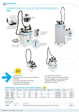 BUANDERIE

GÉNÉRATEURS DE VAPEUR SEMIPROFESSIONNELS
MINI
Chaudière
en inox.

Remplissage manuel
avec bouchon doté d’une
soupape de sécurité.
Fer à repasser
professionnel
vaporisant.

Remplissage
automatique
sur MINI 6

Résistance moulée
dans la culasse.

Contrôle visuel
du niveau d’eau
sur Mini 4.

MINI 4

MINI 6

MINI 3

MINI 5

> Chaudière en Inox.
> Résistance moulée et fixée au corps de chauffe (mais
démontable).
> Fer à repasser vaporisant avec thermostat.
> Très bonne qualité de fabrication.
> Remplissage manuel (sauf MINI 6).

> Livré avec entonnoir (sauf MINI 6).
> Fer à repasser vaporisant avec thermostat 800 W.
> Mini 3/4/5 adaptables sur chariot TROL pour une
utilisation avec la table à repasser TIPI S.
> Alimentation 230 V (mono).

GÉNÉRATEURS DE VAPEURS SEMIPROFESSIONNELS
CODE
ARTICLE

RÉFÉRENCE

CAPACITE
CHAUDIERE (L)

VOLUME
D'EAU (L)

PUISSANCE
CHAUDIERE (W)

PUISSANCE
FER (W)

AUTONOMIE
TONOMIE
M
MOYENNE (h)

PRODUCTION
VAPEUR (kg/h)

DIMENSIONS
LxPxH (mm)

POIDS
BRUT / NET

PRIX H.T.*

121257
121258
121899
121902

MINI 3
MINI 4
MINI 5
MINI 6

3,2
4,5
5
5 + 8,8

2,15
3,4
3,8
3,8

1300
1450
1450
1450

800
800
800
800

3
3-4
4
en continu

1,7
1,9
1,9
1,9

240x380x280
250x290x370
250x290x370
520x230x900

8/7,5
10/9,5
11/10,5
21/19,5

297 €
516 €
555 €
781 €

Disponibilité juin 2013

ACCESSOIRE
CODE ARTICLE

DÉSIGNATION

121903

38 *

RÉFÉRENCE

TROL

Chariot support compatible avec la table à repasser sur TIPI S pour Mini 3/4/5

Produit en stock

Délai minimum 4 semaines

PRIX H.T.*

105 €

 
