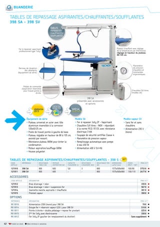 BUANDERIE

TABLES DE REPASSAGE ASPIRANTES/CHAUFFANTES/SO
AGE ASPIRANTES/CHAUFFANTES/SOUFFLANTES
398 SA  398 SV
TABLES

ASP
ASPIRANTES/
ES/
CHAUFFANTES/
SOUFFLANTES

Plateau chauffant avec réglage
de la température par thermostat,
réglage en hauteur du plateau
88-105 cm.

Fer à repasser vaporisant
professionnel type “Jolly”.

Manomètre
de pression
chaudière et
commandes
ergonomiques.

Berceau de réception
des vêtements
(équipement de série).

Pédale de commande
d’aspiration réversible
pour travail pointe à
droite.

Chaudière 5,8 litres
(modèle SA).

398 SA
présentée avec accessoires
et options
CONTACTEZ
VOTRE I.T.C.

SPÉCIAL

COLLECTIVITÉS

voir
p.8

É
Équipement de série
> Plateau universel en acier avec tôle
aluminium insensible à la corrosion
120x40/25 cm.
> Poste de travail pointe à gauche de base.
> Plateau réglable en hauteur de 88 à 105 cm,
assisté par ressort.
> Résistance plateau 800W pour éviter la
condensation.
> Moteur aspiration/soufflage 600W.
> Housse polyester.

Modèle SA
> Fer à repasser Jolly 2F - Vaporisant.
> Chaudière 5,8 litres - INOX - répondant
à la norme P.E.D. 97/23, avec résistance
électrique 3 kW.
> Soupape de sécurité certifiée Classe 4.
> Manomètre de pression vapeur.
> Remplissage automatique avec pompe
à eau 450 W.
> Alimentation 400 V (tri+N).

Modèle vapeur SV
> Sans fer et sans
chaudière.
> Alimentation 230 V
(mono).

TABLES DE REPASSAGE ASPIRANTES/CHAUFFANTES/SOUFFLANTES  398 S
CODE
ARTICLE

RÉFÉRENCE

RESISTANCE
TABLE (W)

MOTEUR
ASPIRATION (W)

CAPACITE
CHAUDIERE (l.)

RESISTANCE
CHAUDIERE (kW)

RESISTANCE FER
(W)

DIMENSIONS
LxPxH (mm)

POIDS
BRUT / NET

121910
121911

398 SA
398 SV

800
800

600
600

5,8
-

3
-

800
800

1575x500x900
1575x500x900

100/80
130/110

PRIX H.T.*

3753 €
2477 €

ACCESSOIRES
CODE ARTICLE

DÉSIGNATION

121912
121913
121914
121915

Bras éclairage + néon
Bras éclairage + néon + suspension fer
Jeannette manche aspirante / chauffante
Pistolet vapeur

PRIX H.T.*

330 €
567 €
381 €
300 €

OPTIONS
RÉFÉRENCE

42 *

DÉSIGNATION

RO 0016
RO 0014
RO 0011
RO 0015
RO 0012

Alimentation 230V (mono) pour 398 SA
Groupe fer + réservoir vapeur 0,33 L pour 398 SV
Pointe à droite + double pédalage + repose fer pivotant
2ème fer Jolly avec électrovanne
Fer Jolly 2F gaucher (en remplacement du droitier)

Produit en stock

Délai minimum 4 semaines

PRIX H.T.*

78 €
510 €
225 €
330 €
Sans supplément

 