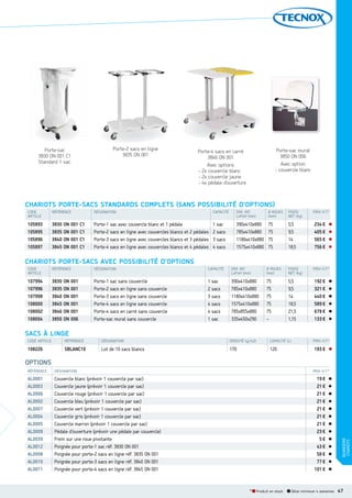 Porte-sac
3830 ON 001 C1
Standard 1 sac.

Porte-2 sacs en ligne
3835 ON 001

Porte-sac mural
3850 ON 006
Avec option
- couvercle blanc

Porte-4 sacs en carré
3846 ON 001
Avec options
- 2x couvercle blanc
- 2x couvercle jaune
- 4x pédale d’ouverture

CHARIOTS PORTESACS STANDARDS COMPLETS SANS POSSIBILITÉ D’OPTIONS
CODE
ARTICLE

RÉFÉRENCE

DÉSIGNATION

CAPACITÉ

DIM. INT.
LxPxH (mm)

Ø ROUES
(mm)

POIDS
NET (kg)

PRIX H.T.*

105893
105895
105896
105897

3830 ON 001 C1
3835 ON 001 C1
3840 ON 001 C1
3845 ON 001 C1

Porte-1 sac avec couvercle blanc et 1 pédale
Porte-2 sacs en ligne avec couvercles blancs et 2 pédales
Porte-3 sacs en ligne avec couvercles blancs et 3 pédales
Porte-4 sacs en ligne avec couvercles blancs et 4 pédales

1 sac
2 sacs
3 sacs
4 sacs

390x410x880
785x410x880
1180x410x880
1575x410x880

75
75
75
75

5,5
9,5
14
18,5

234 €
405 €
565 €
756 €

CHARIOTS PORTESACS AVEC POSSIBILITÉ D’OPTIONS
CODE
ARTICLE

RÉFÉRENCE

DÉSIGNATION

CAPACITÉ

DIM. INT.
LxPxH (mm)

Ø ROUES
(mm)

POIDS
NET (kg)

PRIX H.T.*

107994
107996
107998
108000
108002
108004

3830 ON 001
3835 ON 001
3840 ON 001
3845 ON 001
3846 ON 001
3850 ON 006

Porte-1 sac sans couvercle
Porte-2 sacs en ligne sans couvercle
Porte-3 sacs en ligne sans couvercle
Porte-4 sacs en ligne sans couvercle
Porte-4 sacs en carré sans couvercle
Porte-sac mural sans couvercle

1 sac
2 sacs
3 sacs
4 sacs
4 sacs
1 sac

390x410x880
785x410x880
1180x410x880
1575x410x880
785x855x880
335x450x290

75
75
75
75
75
–

5,5
9,5
14
18,5
21,5
1,15

192 €
321 €
440 €
589 €
678 €
133 €

SACS À LINGE
CODE ARTICLE

RÉFÉRENCE

DÉSIGNATION

DENSITÉ (g/m2)

CAPACITÉ (l.)

PRIX H.T.*

108226

SBLANC10

Lot de 10 sacs blancs

170

120

183 €

OPTIONS
DÉSIGNATION

AL0001
AL0003
AL0006
AL0002
AL0007
AL0004
AL0005
AL0009
AL0039
AL0012
AL0008
AL0010
AL0011

Couvercle blanc (prévoir 1 couvercle par sac)
Couvercle jaune (prévoir 1 couvercle par sac)
Couvercle rouge (prévoir 1 couvercle par sac)
Couvercle bleu (prévoir 1 couvercle par sac)
Couvercle vert (prévoir 1 couvercle par sac)
Couvercle gris (prévoir 1 couvercle par sac)
Couvercle marron (prévoir 1 couvercle par sac)
Pédale d’ouverture (prévoir une pédale par couvercle)
Frein sur une roue pivotante
Poignée pour porte-1 sac réf. 3830 ON 001
Poignée pour porte-2 sacs en ligne réf. 3835 ON 001
Poignée pour porte-3 sacs en ligne réf. 3840 ON 001
Poignée pour porte-4 sacs en ligne réf. 3845 ON 001

PRIX H.T.*

19 €
21 €
21 €
21 €
21 €
21 €
21 €
23 €
5€
43 €
58 €
77 €
101 €

* Produit en stock

Délai minimum 4 semaines

BUANDERIE
CHARIOTS

RÉFÉRENCE

47

 