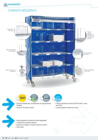 BUANDERIE

CHARIOTSRÉSIDENTS

Séparations
verticales

Tige de
retenue
latérales et
arrières avec
crochets de
fixation

Bague de fixation
des étagères
Porte étiquette
nominatif

Roues à bandage
anti-trace

Butoirs d’angle en
caoutchouc

CONTACTEZ
VOTRE I.T.C.
voir
p.8

MONTAGE

SIMPLE
ET
RAPIDE

> Chariots résidents pour la distribution du linge personnel
résidents.
> Conçus en fils d’acier chromé.

> Housse polyester de protection vendue séparément.
> 2 fermetures à glissière latérales.
> Attache pour bloquer la housse en position ouverte.
> Coloris bleu.

58 *

Produit en stock

Délai minimum 4 semaines

LEGER
ET

MANIABLE

> 4 Roues pivotantes anti-trace Ø125 mm (dont 2 roues
avec frein).
> 1 porte étiquette nominatif par casier.

 