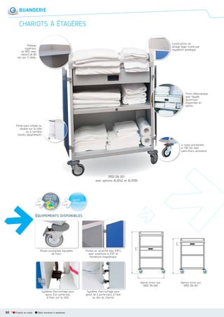 BUANDERIE

CHARIOTS À ÉTAGÈRES
Construction en
alliage léger traité par
oxydation anodique.

Plateau
supérieur
en ABS avec
rebord de 80
mm sur 3 côtés.

Tiroir téléscopique
avec façade
aluminium
disponible en
option.

Porte-sacs simple ou
double sur le côté
ou à l’arrière
(vendu séparément).
4 roues pivotantes
ø 100 mm avec
pare-chocs annulaire.

3950 ON 001
avec options AL0042 et AL0090

CONTACTEZ
VOTRE I.T.C.
voir
p.8

ÉQUIPEMENTS DISPONIBLES

Roues pivotantes équipées
de frein.

Portes en stratifié bleu (HPL)
avec ouverture à 270° et
fermeture magnétique.

Option tiroir sur
3950 ON 002
Système d accrochage pour
è d’
h
ajout d’un porte-sac,
à fixer sur le côté.

60 *

Produit en stock

Délai minimum 4 semaines

Système d’accrochage pour
ajout de 2 porte-sacs, à fixer
au dos du chariot.

Option tiroir sur
3950 ON 001

 