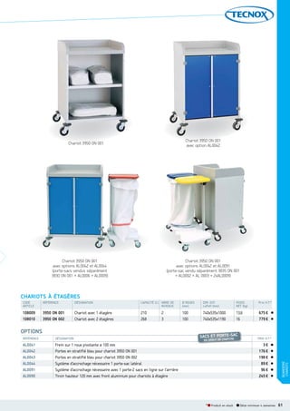 Chariot 3950 ON 001
avec option AL0042

Chariot 3950 ON 001

Chariot 3950 ON 001
avec options AL0042 et AL0044
(porte-sacs vendus séparément
3830 ON 001 + AL0006 + AL0009)

Chariot 3950 ON 001
avec options AL0042 et AL0091
(porte-sac vendu séparément 3835 ON 001
+ AL0002 + AL 0003 + 2xAL0009)

CHARIOTS À ÉTAGÈRES
CODE
ARTICLE

RÉFÉRENCE

DÉSIGNATION

CAPACITÉ (l.) NBRE DE
NIVEAUX

Ø ROUES
(mm)

DIM. EXT.
LxPxH (mm)

POIDS
NET (kg)

Prix H.T.*

108009
108010

3950 ON 001
3950 ON 002

Chariot avec 1 étagère
Chariot avec 2 étagères

210
268

100
100

740x535x1000
740x535x1190

13,6
16

675 €
779 €

OPTIONS
RÉFÉRENCE

DÉSIGNATION

AL0041
AL0042
AL0043
AL0044
AL0091
AL0090

AC
SACS ET PORTESE
PITR

Frein sur 1 roue pivotante ø 100 mm
Portes en stratifié bleu pour chariot 3950 ON 001
Portes en stratifié bleu pour chariot 3950 ON 002
Système d’accrochage nécessaire 1 porte-sac latéral
Système d’accrochage nécessaire avec 1 porte-2 sacs en ligne sur l’arrière
Tiroir hauteur 120 mm avec front aluminium pour chariots à étagère

EN DÉBUT DE CHA

PRIX H.T.*

3€
176 €
198 €
89 €
96 €
245 €

* Produit en stock

Délai minimum 4 semaines

BUANDERIE
CHARIOTS

2
3

61

 