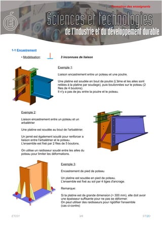 Formation des enseignants




1-1 Encastrement

        • Modélisation:               3 inconnues de liaison


                                    Exemple 1:

                                    Liaison encastrement entre un poteau et une poutre.

                                    Une platine est soudée en bout de poutre (L'âme et les ailes sont
                                    reliées à la platine par soudage), puis boulonnées sur le poteau (2
                                    files de 4 boulons).
                                    Il n'y a pas de jeu entre la poutre et le poteau.




        Exemple 2:

        Liaison encastrement entre un poteau et un
        arbalétrier

        Une platine est soudée au bout de l'arbalétrier.

        Un jarret est également soudé pour renforcer a
        liaison entre l'arbalétrier et le poteau.
        L'ensemble est fixé par 2 files de 5 boulons.

        On utilise un raidisseur soudé entre les ailes du
        poteau pour limiter les déformations.


                                      Exemple 3:

                                      Encastrement de pied de poteau

                                      Un platine est soudée en pied de poteau.
                                      L'ensemble est fixé au sol par 4 tiges d'ancrage.

                                      Remarque:

                                      Si la platine est de grande dimension (> 300 mm), elle doit avoir
                                      une épaisseur suffisante pour ne pas se déformer.
                                      On peut utiliser des raidisseurs pour rigidifier l'ensemble
                                      (cas ci-contre)


ET231                                                3/6                                            STI2D
 