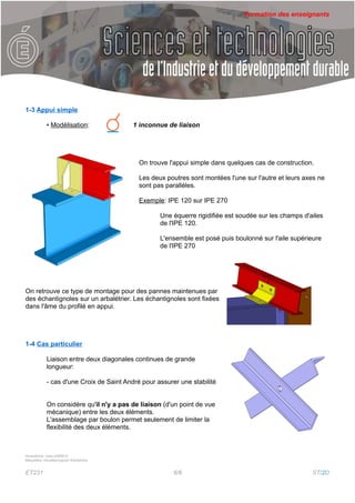 Formation des enseignants




1-3 Appui simple

             • Modélisation:               1 inconnue de liaison




                                             On trouve l'appui simple dans quelques cas de construction.

                                             Les deux poutres sont montées l'une sur l'autre et leurs axes ne
                                             sont pas parallèles.

                                             Exemple: IPE 120 sur IPE 270

                                                    Une équerre rigidifiée est soudée sur les champs d'ailes
                                                    de l'IPE 120.

                                                    L'ensemble est posé puis boulonné sur l'aile supérieure
                                                    de l'IPE 270




On retrouve ce type de montage pour des pannes maintenues par
des échantignoles sur un arbalétrier. Les échantignoles sont fixées
dans l'âme du profilé en appui.




1-4 Cas particulier

             Liaison entre deux diagonales continues de grande
             longueur:

             - cas d'une Croix de Saint André pour assurer une stabilité


             On considère qu'il n'y a pas de liaison (d'un point de vue
             mécanique) entre les deux éléments.
             L'assemblage par boulon permet seulement de limiter la
             flexibilité des deux éléments.



Illustrations: www.xr6805.fr
Maquettes virtuelles:logiciel Solidworks


ET231                                                    6/6                                            STI2D
 