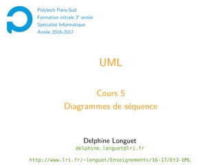 UML
Cours 5
Diagrammes de séquence
Polytech Paris-Sud
Formation initiale 3e
année
Spécialité Informatique
Année 2016-2017
Delphine Longuet
delphine.longuet@lri.fr
http://www.lri.fr/~longuet/Enseignements/16-17/Et3-UML
 