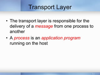 Transport Layer
• The transport layer is responsible for the
delivery of a message from one process to
another
• A process is an application program
running on the host
 