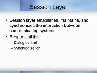 Session Layer
• Session layer establishes, maintains, and
synchronizes the interaction between
communicating systems
• Responsibilities
– Dialog control
– Synchronization
 