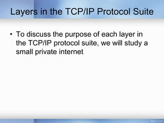 Layers in the TCP/IP Protocol Suite
• To discuss the purpose of each layer in
the TCP/IP protocol suite, we will study a
small private internet
 