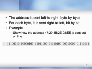 • The address is sent left-to-right, byte by byte 
• For each byte, it is sent right-to-left, bit by bit 
• Example 
– Show how the address 47:20:1B:2E:08:EE is sent out 
on line 
13 
 