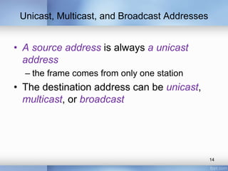 Unicast, Multicast, and Broadcast Addresses 
• A source address is always a unicast 
address 
– the frame comes from only one station 
• The destination address can be unicast, 
multicast, or broadcast 
14 
 
