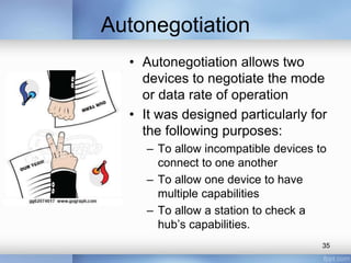Autonegotiation 
• Autonegotiation allows two 
devices to negotiate the mode 
or data rate of operation 
• It was designed particularly for 
the following purposes: 
– To allow incompatible devices to 
connect to one another 
– To allow one device to have 
multiple capabilities 
– To allow a station to check a 
hub’s capabilities. 
35 
 