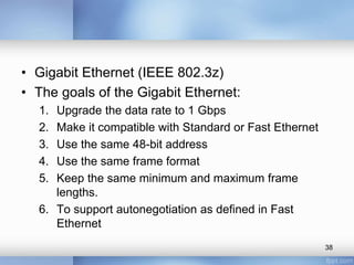 • Gigabit Ethernet (IEEE 802.3z) 
• The goals of the Gigabit Ethernet: 
1. Upgrade the data rate to 1 Gbps 
2. Make it compatible with Standard or Fast Ethernet 
3. Use the same 48-bit address 
4. Use the same frame format 
5. Keep the same minimum and maximum frame 
lengths. 
6. To support autonegotiation as defined in Fast 
Ethernet 
38 
 
