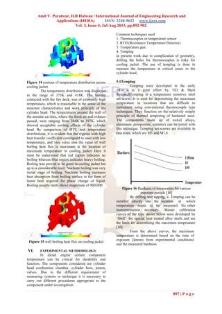 Amit V. Paratwar, D.B Hulwan / International Journal of Engineering Research and
Applications (IJERA) ISSN: 2248-9622 www.ijera.com
Vol. 3, Issue 4, Jul-Aug 2013, pp.892-902
897 | P a g e
Figure 14 contour of temperature distribution across
cooling jacket
The temperature distribution was displayed
in the range of 373K and 418K. The bottom
contacted with the fire deck, was of extremely high
temperature, which is reasonable in the sense of the
structure characteristics and work principle of the
cylinder head. The temperatures around the wall of
the annular cavities, where the fresh air and exhaust
passed, were ranging from 384K to 397K, which
showed acceptable cooling effects of the cylinder
head By comparison of HTC and temperature
distributions, it is evident that the regions with high
heat transfer coefficient correspond to ones with low
temperature, and vice versa also the value of wall
boiling heat flux is maximum at the location of
maximum temperature in cooling jacket Here it
must be understood that red region indicates no
boiling whereas blue region indicates heavy boiling.
Boiling was proved to be good in cooling jacket but
up to a considerable limit. Nucleate boiling was very
initial stage of boiling. Nucleate boiling increases
heat absorption from boiling surface in the form of
latent heat required for phase change of liquid.
Boiling usually starts above magnitude of 900,000.
Figure 15 wall boiling heat flux on cooling jacket
VI. EXPERIMENTAL METHODOLOGY
In diesel engine certain component
temperature can be critical for durability and
function. The components considered are cylinder
head combustion chamber, cylinder bore, piston,
valves. Due to the different requirement of
measuring systems or technique it is necessary to
carry out different procedures appropriate to the
component under investigation.
Common techniques used
1. Thermocouples or temperature sensor
2. RTD (Resistance Temperature Detector)
3. Temperature gun.
4. Templug
in present work due to complication of geometry,
drilling the holes for thermocouples is risky for
cooling jacket .The use of templug is done to
measure the temperature at critical zones in the
cylinder head.
5.1Templug
Templug were developed in the early
1970‟ s in a joint effort by TEI & Shell
ResearchTemplug is a temperature sensitive steel
set-screw. It is used for determining the maximum
temperature in locations that are difficult to
instrument using conventional thermocouple type
techniques. They function on the relatively simple
principle of thermal tempering of hardened steel.
The components made up of nickel alloys,
aluminum ,composites, ceramics can be tested with
this technique. Templug set-screws are available in
two sizes, which are M3 and M1.6
Figure 16 Hardness vs temperature for various
exposure periods [16]
By drilling and tapping, a Templug can be
installed directly into the location at which
temperature needs to be measured. No other
instrumentation necessary. Master calibration
curves of the type shown below were developed by
‘Shell’ for special heat treated alloy steels and are
the basis for determining the maximum temperature
[16].
From the above curves, the maximum
temperature is determined based on the time of
exposure (known from experimental conditions)
and the measured hardness.
 