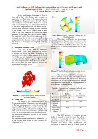 Amit V. Paratwar, D.B Hulwan / International Journal of Engineering Research and
Applications (IJERA) ISSN: 2248-9622 www.ijera.com
Vol. 3, Issue 4, Jul-Aug 2013, pp.892-902
900 | P a g e
Before modification Stagnancy of flow is
observed at the valve bridges were velocity is
approx. 0.1 m/s Restriction of flow across the inlet
manifold forces the coolant to flow through exhaust
valve bridges is observed. Thus the flow of coolant
leads to uniform cooling and can decrease the value
of maximum temperature across the exhaust valves.
Pressure drop across the cooling jacket is obtained
to be 0.04943 bar, before modification it was
0.04738 bar .Thus improved flow rate across liners
increases the pressure drop across cooling jacket.
The modified model thus shows stagnancy at the
restricted area, thus it can be compensated as the
temperature in the stagnant zones is not higher and
the chances of boiling in such stagnant zone are
minimum.
2. Temprature across deck face
Deck face is the area of maximum
temperature in cylinder head, where nucleate boiling
of coolant can occur and totally depends on its
maximum temperature. Area adjacent to Exhaust
port bridge and fuel injector shows maximum value
of temperature i.e. Valve bridge area The value of
maximum temperature has been decreased by 6 K ,
thus cooling rate has been improved due to the
modification in cooling jacket.
Figure 23 Temperature contour at Deck face for
Modified model
3. Exhaust port
The design for this cylinder head forced the
flow to go around the exhaust port first, where most
of the heat was output, then cooled down the fuel
injector and finally the intake port. It is seen that the
temperature around the exhaust port was higher than
other locations, which ensures that the cylinder head
should be relatively evenly cooled at these locations.
The maximum temperature reached in the exhaust
port is about 690 K
The maximum temperature has been reduced by 7 k
as the coolant was forced to flow through the
exhaust port area
Figure 24 Temperature contour at Exhaust port for
Modified model
Thus after modification the temperature
distribution across the deck faces and exhaust port is
studied because the maximum temperature in
cylinder head has reached in these areas and the
results shows an effective temperature drop in these
regions..
Figure 25 Wall boiling heat flux on cooling jacket
The initialization of bubble formation can
also be reduced which in turns reduces the chances
of nucleate boiling and this may increase the cooling
capacity of the cooling jacket and avoid the hot spot
that causes nucleate boiling or thermal cracking of
critical zones within the engine
Table 6.4 Comparison of parameters before & after
modification at various locations
Parameter Before
modification
After
modification
Pressure in
jacket (bar)
0.04738 0.04943
Temperature
on deck
face(K)
322 315
Temperature
on exhaust
(K)port
370 362
The CFD analysis of modified cooling
jacket is carried in order to study the effect of
variation of geometry on flow and thermal
parameters of engine .From above analysis it can be
conclude that model after modification has
advantage of improved velocity in head jacket at
 