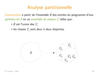 D. Longuet - V&V 49
Analyse partitionnelle
E
C4
C2
C5
C6
C3
C1
Construction à partir de l'ensemble E des entrées du programme d'une
partition de E en un ensemble de classes Ci telles que :
● E est l'union des Ci
● les classes Ci sont deux à deux disjointes
 