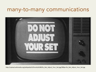 many-to-many communications
h"p://upload.wikimedia.org/wikipedia/it/thumb/d/d8/Do_Not_Adjust_Your_Set.jpg/280px-­‐Do_Not_Adjust_Your_Set.jpg	
  
 