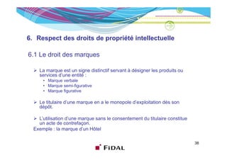 6. Respect des droits de propriété intellectuelle

6.1 Le droit des marques

    La marque est un signe distinctif servant à désigner les produits ou
    services d’une entité :
      • Marque verbale
      • Marque semi-figurative
      • Marque figurative

    Le titulaire d’une marque en a le monopole d’exploitation dès son
    dépôt.

    L’utilisation d’une marque sans le consentement du titulaire constitue
    un acte de contrefaçon.
  Exemple : la marque d’un Hôtel

                                                                             38
 
