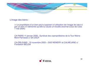 L’image des biens :

      Le propriétaire d’un bien p
         p p                     peut s’opposer à l’utilisation de l’image de celui-ci
                                           pp                           g
    par un tiers s’il démontre qu’elle lui cause un trouble anormal (Cour de Cass
    7 mai 2004)


    CA PARIS 11 janvier 2006 : Syndicat des copropriétaires de la Tour Maine
    Mont Parnasse c/ SA UGCF

    CA ORLEANS : 10 novembre 2005 – SAS NEMERY et CALMEJANE c/
    Fondation BELEM




                                                                                   42
 