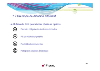 7.2 Un mode de diffusion alternatif

Le titulaire du droit peut choisir plusieurs options

           Paternité : obligation de citer le nom de l’auteur


           Pas de modification possible


           Pas d’ tili ti
           P d’utilisation commerciale
                                  i l


           Partage des conditions à l’identique
                g                           q




                                                                44
 