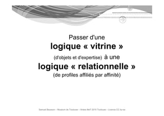 Passer d'une
          logique « vitrine »
              (d objets d expertise)
              (d'objets et d'expertise)                       à une
logique « relationnelle »
             (de profiles affiliés par affinité)




Samuel Bausson – Muséum de Toulouse – Ardesi #et7 2010 Toulouse – Licence CC by-sa
 