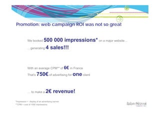 Promotion: web campaign ROI was not so great


            We booked 500 000 impressions* on a major website…
            …generating 4 sales!!!




            With an average CPM** of 6€ in France
                         g

            That’s    750€ of advertising for one client


            … to make a        2€ revenue!
*Impression = display of an advertising banner
**CPM = cost of 1000 impressions
 