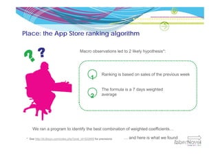 Place: the App Store ranking algorithm

                                          Macro observations led to 2 likely hypothesis*:




                                                           Ranking is based on sales of the previous week
                                                   1
                                                           The formula is a 7 days weighted
                                                           average
                                                   2




     We ran a program to identify the best combination of weighted coefficients…

 * See http://tii.libsyn.com/index.php?post_id=522655 for precisions   … and here is what we found
 
