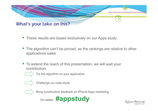 What’s your take on this?


    These results are based exclusively on our Apps study

    The algorithm can’t be proved, as the rankings are relative to other
    applications sales

    To extend the reach of this presentation, we will wait your
    contribution:
          Try the algorithm on your application

          Challenge our case study

          Bring constructive feedback on iPhone Apps marketing
              g                                  pp          g

             On twitter:   #appstudy
 