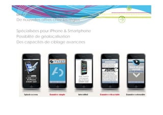 Direct Marketing
De
D nouvelles offres chez lles régies
       ll    ff     h         é i

Spécialisées pour iPhone & Smartphone
Possibilité de géolocalisation
Des capacités de ciblage avancées
 