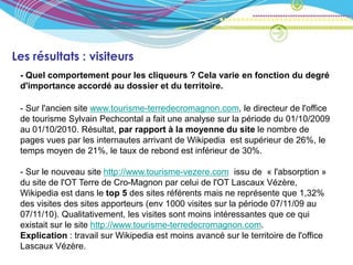 Les résultats : visiteurs
 - Quel comportement pour les cliqueurs ? Cela varie en fonction du degré
 d'importance accordé au dossier et du territoire.

 - Sur l'ancien site www.tourisme-terredecromagnon.com, le directeur de l'office
 de tourisme Sylvain Pechcontal a fait une analyse sur la période du 01/10/2009
 au 01/10/2010. Résultat, par rapport à la moyenne du site le nombre de
 pages vues par les internautes arrivant de Wikipedia est supérieur de 26%, le
 temps moyen de 21%, le taux de rebond est inférieur de 30%.

 - Sur le nouveau site http://www.tourisme-vezere.com issu de « l'absorption »
 du site de l'OT Terre de Cro-Magnon par celui de l'OT Lascaux Vézère,
 Wikipedia est dans le top 5 des sites référents mais ne représente que 1,32%
 des visites des sites apporteurs (env 1000 visites sur la période 07/11/09 au
 07/11/10). Qualitativement, les visites sont moins intéressantes que ce qui
 existait sur le site http://www.tourisme-terredecromagnon.com.
 Explication : travail sur Wikipedia est moins avancé sur le territoire de l'office
 Lascaux Vézère.
 