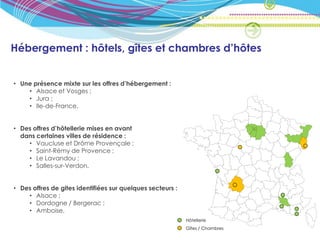 Hébergement : hôtels, gîtes et chambres d’hôtes


• Une présence mixte sur les offres d’hébergement :
    • Alsace et Vosges ;
    • Jura ;
    • Ile-de-France.


• Des offres d’hôtellerie mises en avant
  dans certaines villes de résidence :
    • Vaucluse et Drôme Provençale ;
    • Saint-Rémy de Provence ;
    • Le Lavandou ;
    • Salles-sur-Verdon.


• Des offres de gites identifiées sur quelques secteurs :
    • Alsace ;
    • Dordogne / Bergerac ;
    • Amboise.
                                                            Hôtellerie
                                                            Gîtes / Chambres
 