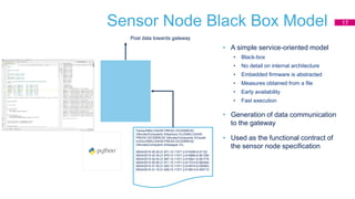 Sensor Node Black Box Model
• A simple service-oriented model
• Black-box
• No detail on internal architecture
• Embedded firmware is abstracted
• Measures obtained from a file
• Early availability
• Fast execution
• Generation of data communication
to the gateway
• Used as the functional contract of
the sensor node specification
Fecha;EMALCSA/00 PRESA CECEBRE/02
Válvulas/Compuerta 3/Apertura (%);EMALCSA/00
PRESA CECEBRE/02 Válvulas/Compuerta 3/Caudal
(m3/s);EMALCSA/00 PRESA CECEBRE/02
Válvulas/Compuerta 3/Desague (%)
08/04/2019 00:25:21.871;10.11571;2.615295;9.07122
08/04/2019 00:35:21.879;10.11571;2.616884;9.061384
08/04/2019 00:45:21.887;10.11571;2.616821;9.061776
08/04/2019 00:55:21.911;10.11571;2.617014;9.060584
08/04/2019 01:05:21.920;10.11571;2.618574;9.050963
08/04/2019 01:15:21.928;10.11571;2.618614;9.050715
Post data towards gateway
17
 