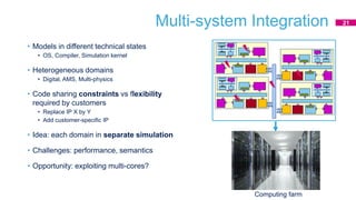 Multi-system Integration
Computing farm
System
address
map
TLM IP
model
Process
or model
AMS
model
TLM IP
model
Memor
y
model
I/O
Interconnect model
• Models in different technical states
• OS, Compiler, Simulation kernel
• Heterogeneous domains
• Digital, AMS, Multi-physics
• Code sharing constraints vs flexibility
required by customers
• Replace IP X by Y
• Add customer-specific IP
• Idea: each domain in separate simulation
• Challenges: performance, semantics
• Opportunity: exploiting multi-cores?
21
 