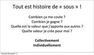 Tout	
  est	
  histoire	
  de	
  «	
  sous	
  »	
  !
                               Combien	
  ça	
  me	
  coute	
  ?
                                    Combien	
  je	
  gagne	
  ?
             Quelle	
  est	
  la	
  valeur	
  que	
  j’apporte	
  aux	
  autres	
  ?
                      Quelle	
  valeur	
  je	
  crée	
  pour	
  moi	
  ?

                                    Collec7vement	
  
                                   Individuellement	
  
mercredi 26 octobre 11
 