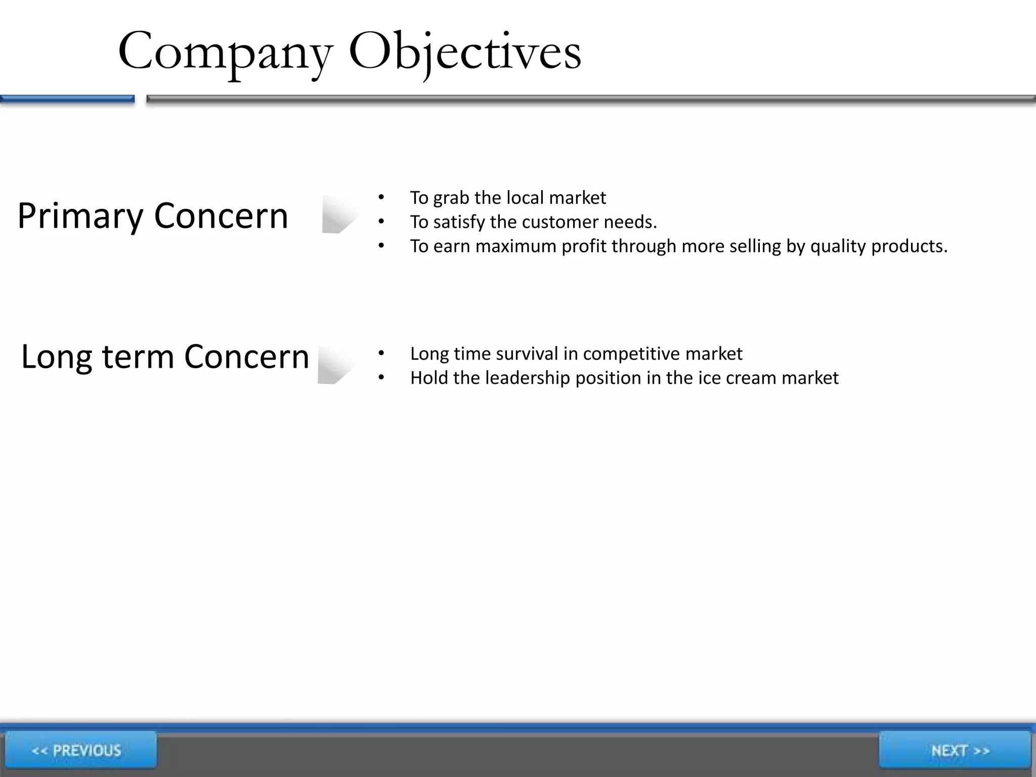 Company Objectives
• To grab the local market
• To satisfy the customer needs.
• To earn maximum profit through more selling by quality products.
Primary Concern
• Long time survival in competitive market
• Hold the leadership position in the ice cream market
Long term Concern
 