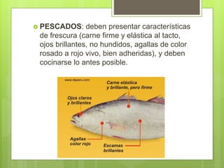  PESCADOS: deben presentar características
de frescura (carne firme y elástica al tacto,
ojos brillantes, no hundidos, agallas de color
rosado a rojo vivo, bien adheridas), y deben
cocinarse lo antes posible.
 